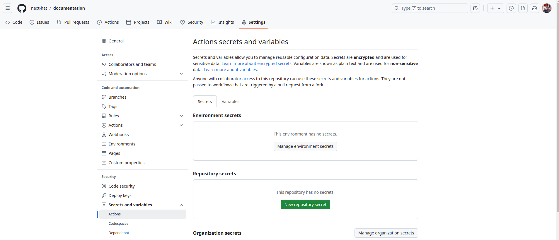 GitHub Secrets 配置页面